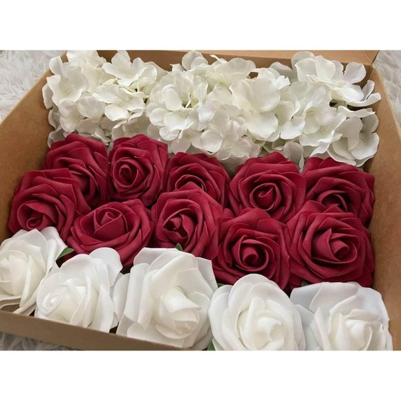 20 Count | Burgundy & White Roses Hydrangea Flowers Wedding Bouquet Centerpiece - Picture 1 of 5